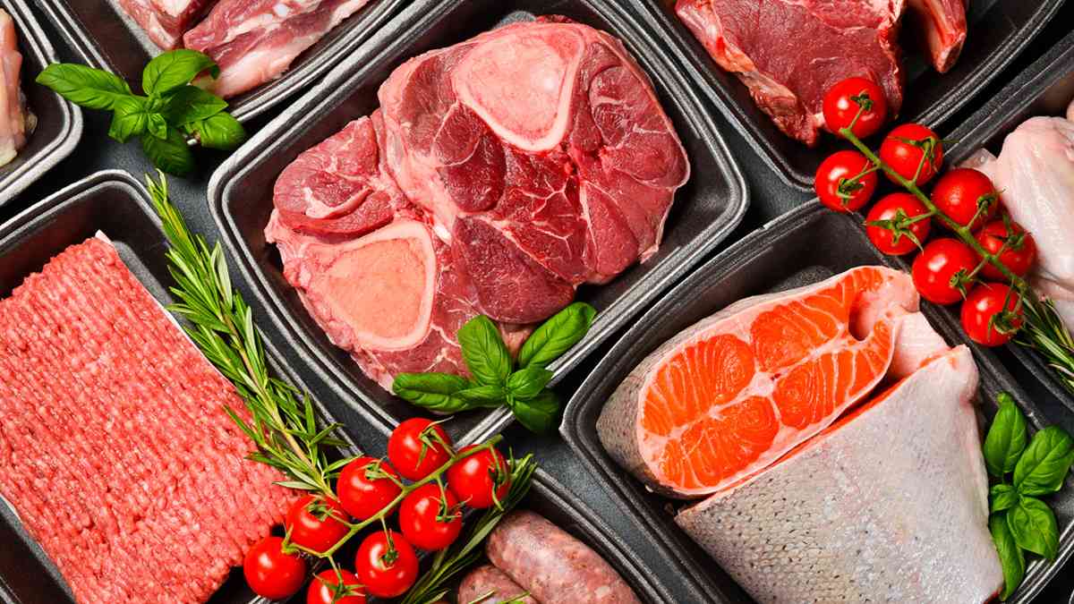 Close up of various meats and seafood